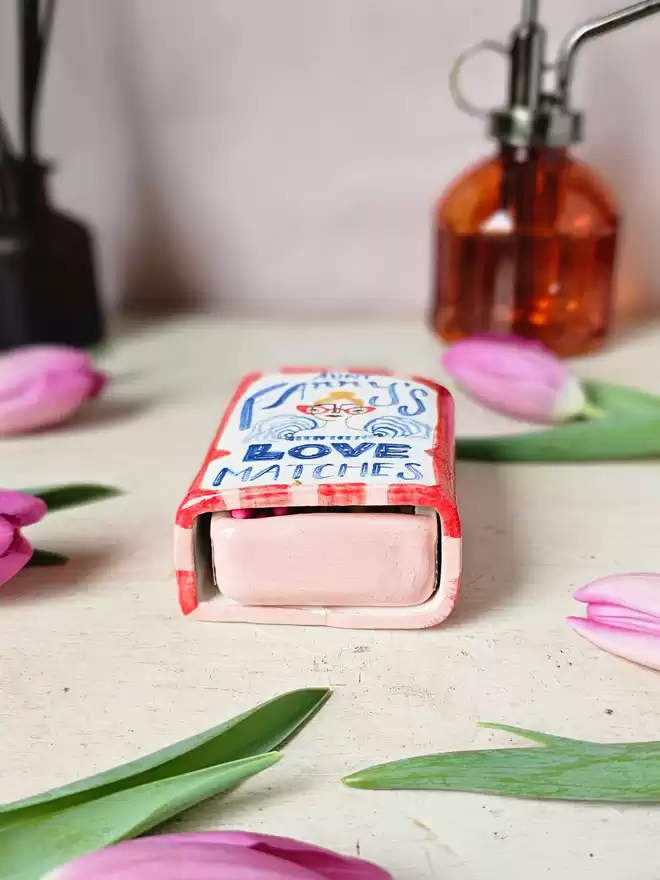 pink ceramic match box