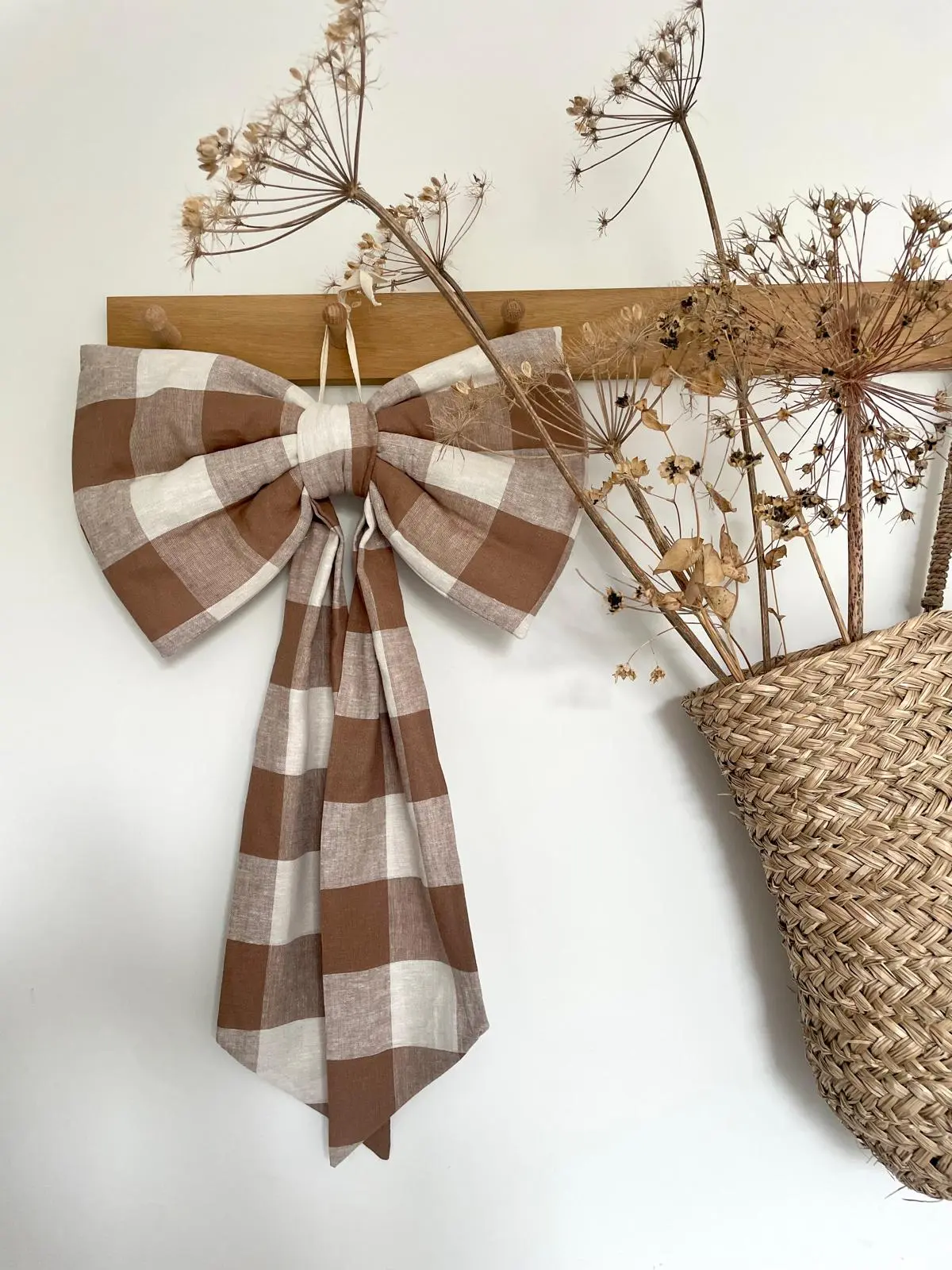 Brown Checked Cotton Fabric Bow