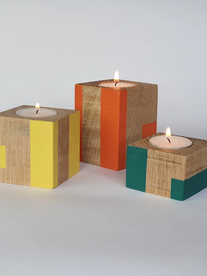 Tall Stripe Design Wooden Cube Candle