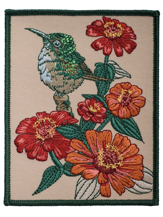 embroidered patch, embroidered card, hummingbird, zinnia, botanical, nature lover