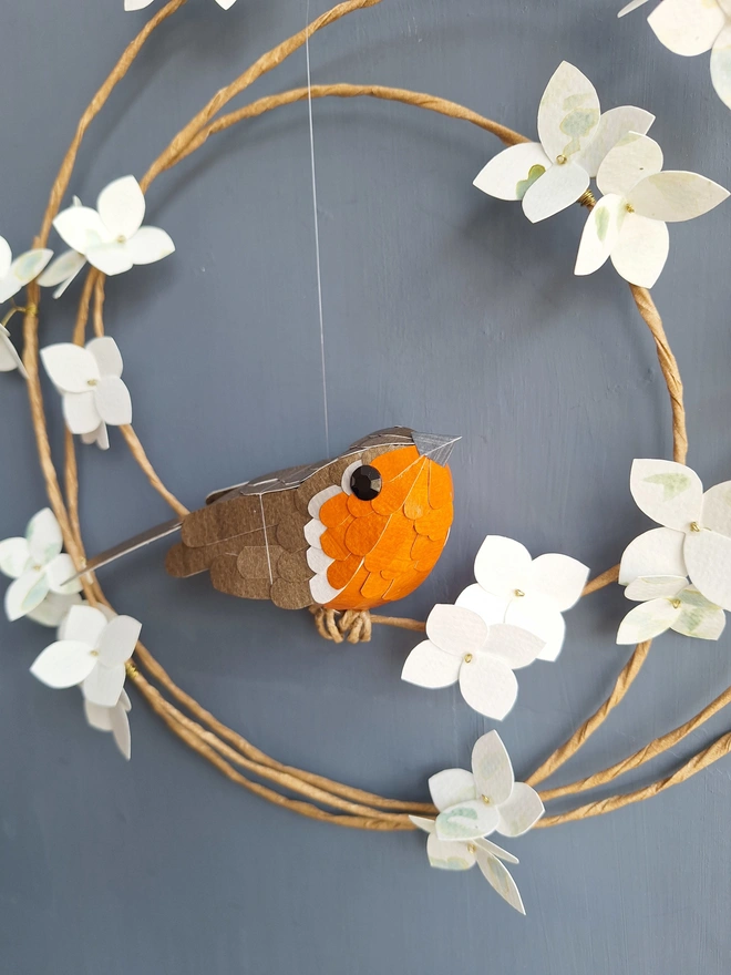 robin on a wreath of mottled white and green hydrangea blooms