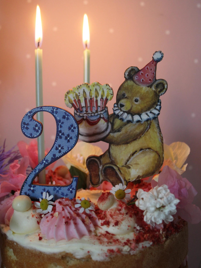 Birthday Teddy - Wooden Cake Topper