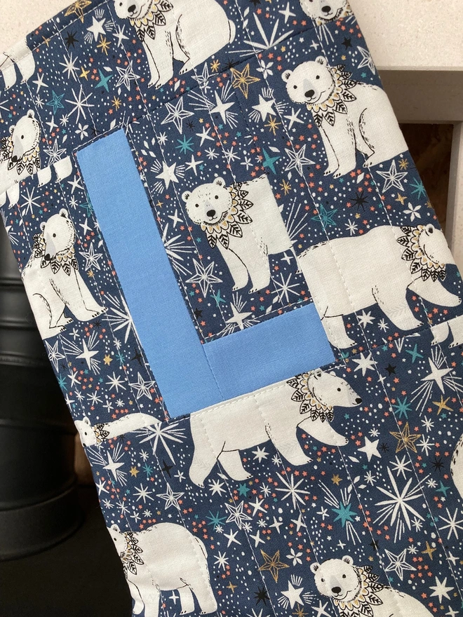 Cooper and Fred Personalised Christmas Stocking in Polar Bear Print with Blue letter L