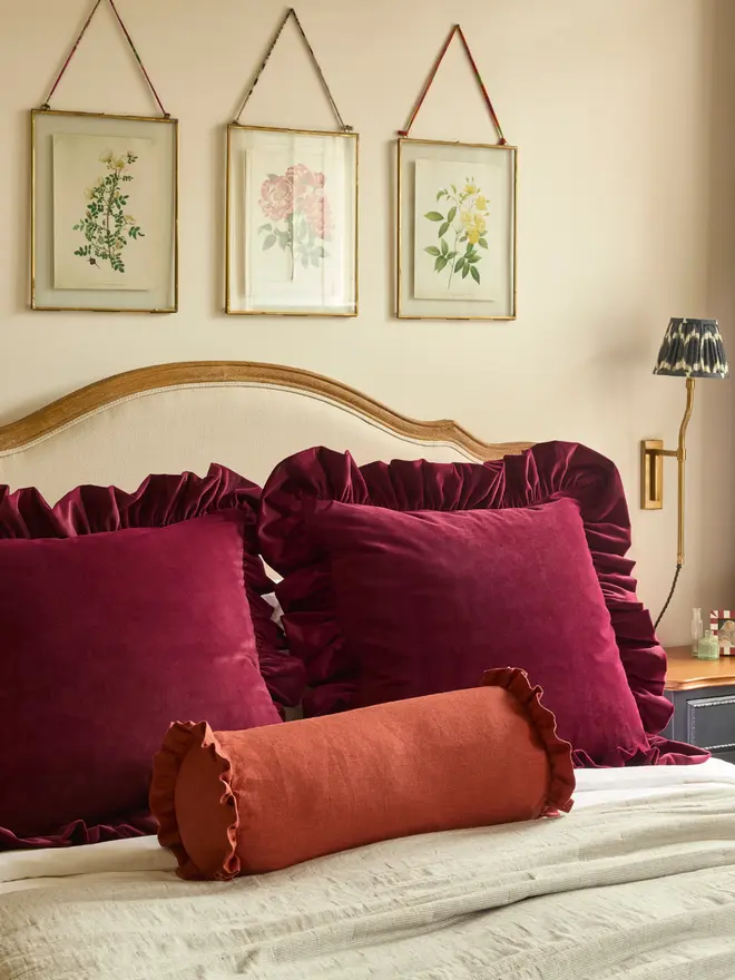 Kika Bespoke oversized ruffled velvet cushion 60x60cm in Burgundy