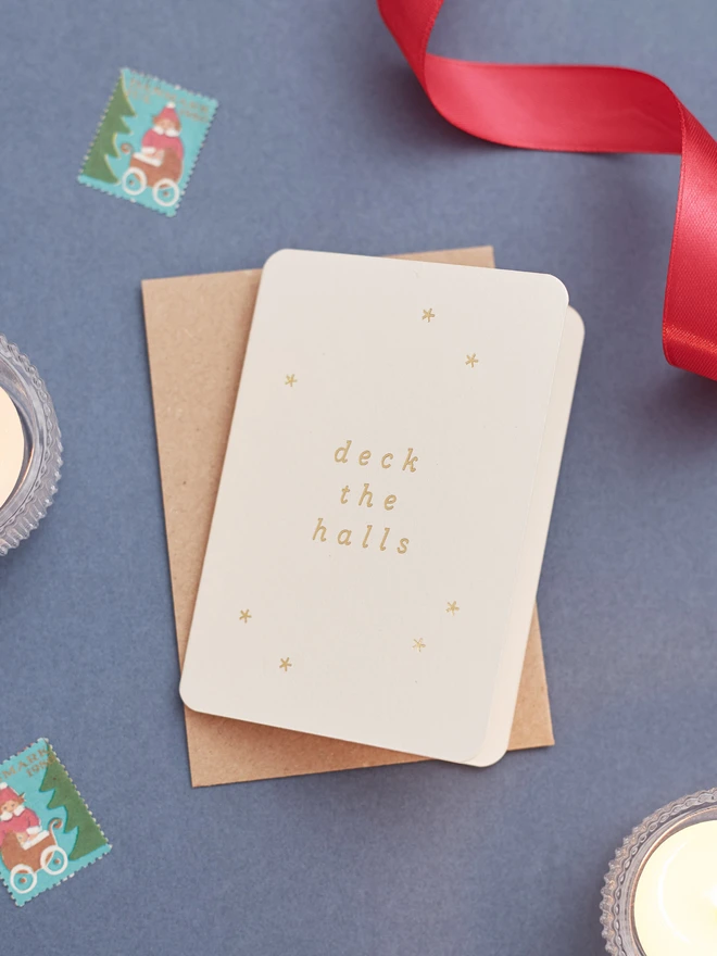minimal-christmas-card-with-deck-the-halls-gold-foil-lifestyle CC-DECK-GD