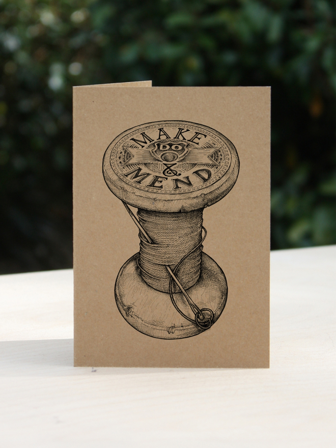 make and mend cotton reel illustrated greetings card