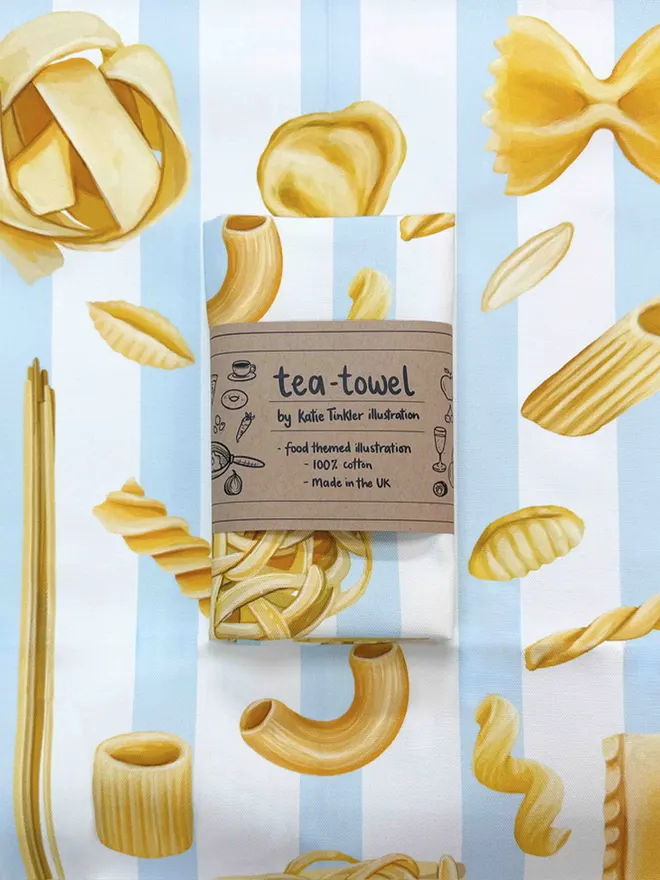 Striped tea towel with pasta print