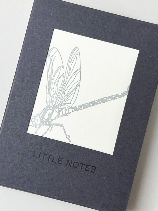 Close up of the little notes box window showing the very detailed metallic silver dragonfly