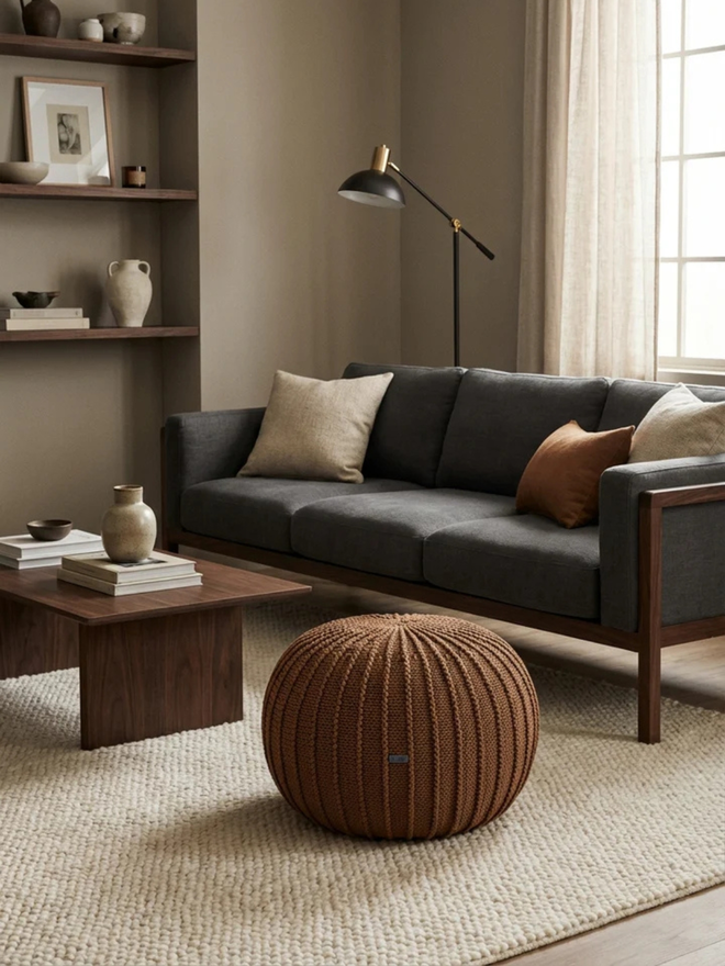 Zuri House. Large cinnamon knitted pouffe.