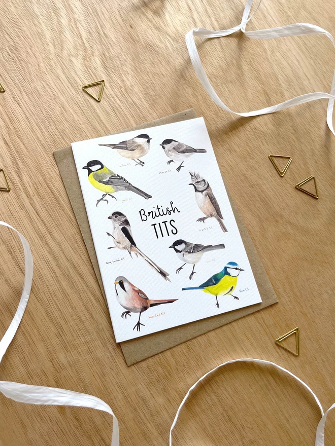 a greetings card featuring tit birds found in Britain and the words “British Tits”