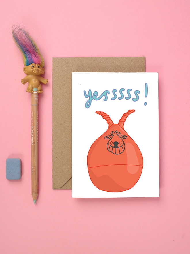 Bright and colourful retro greeting card featuring a space hopper 