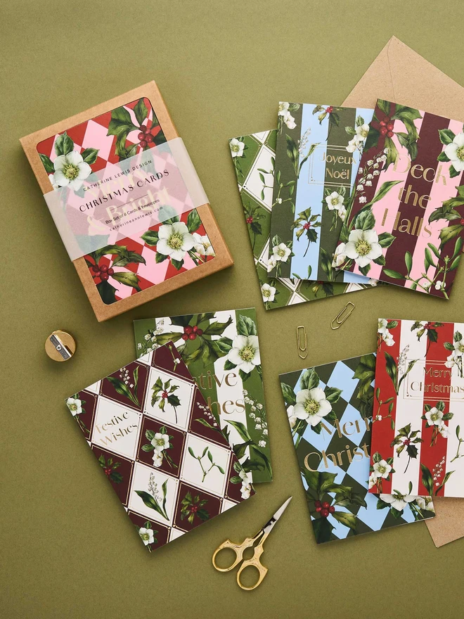 Box of 8 cards. Harlequin and striped designs with gold foil
