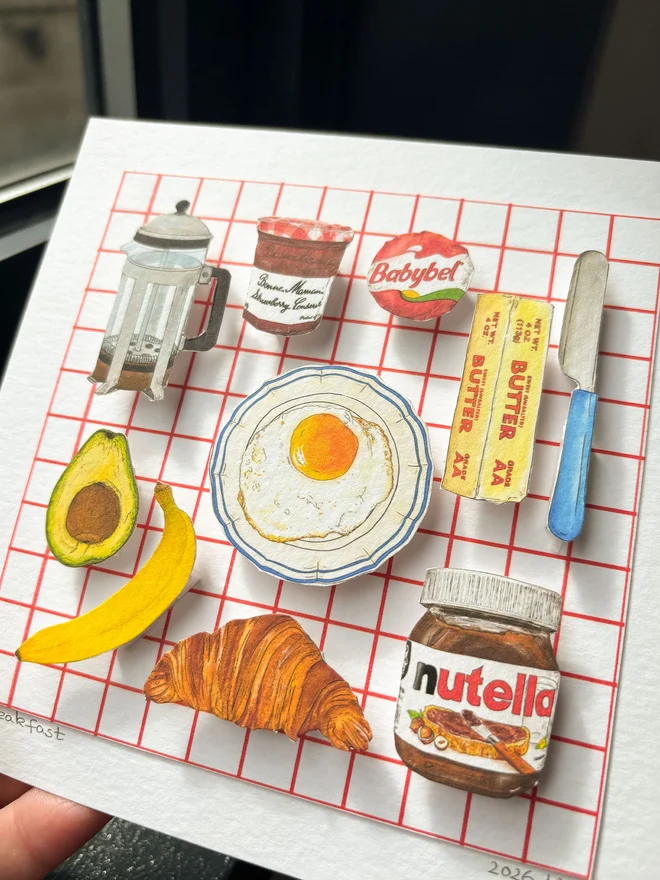Illustrated 3D paper collage showing favourite breakfast staples unframed 