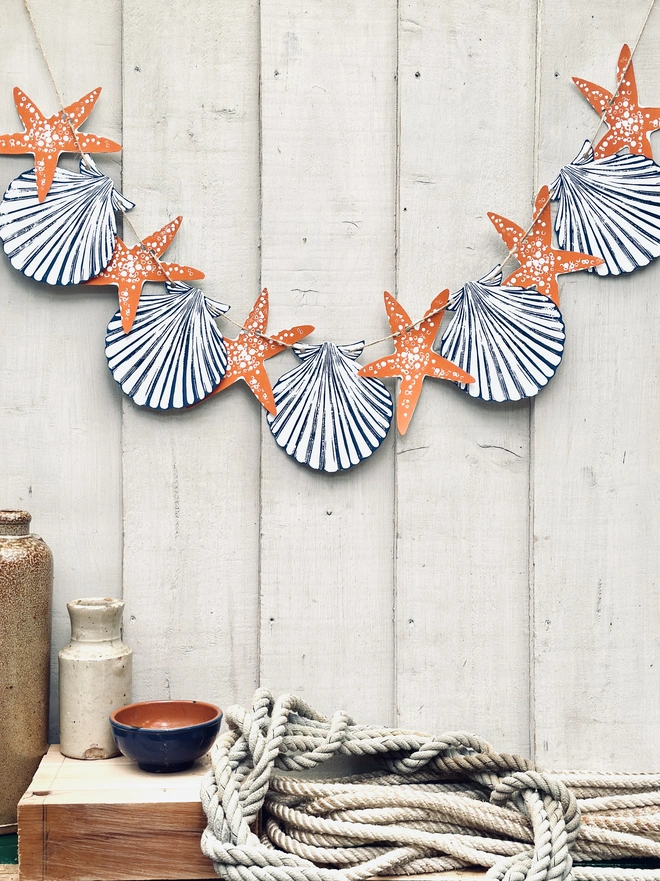 Shell & Starfish Hand Printed Nautical Linocut Garland