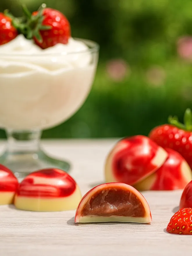 Some luxury white chocolates with red filling, with a bowl of strawberries and cream in the background