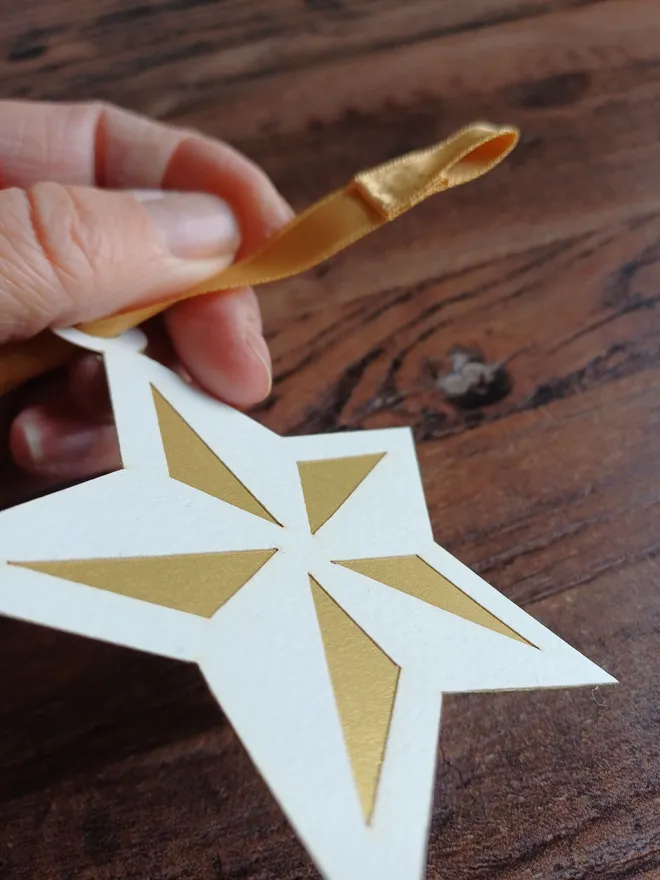 Gold and White Star Decoration Threaded Onto Ribbon With Hand Sewn Loop Ending