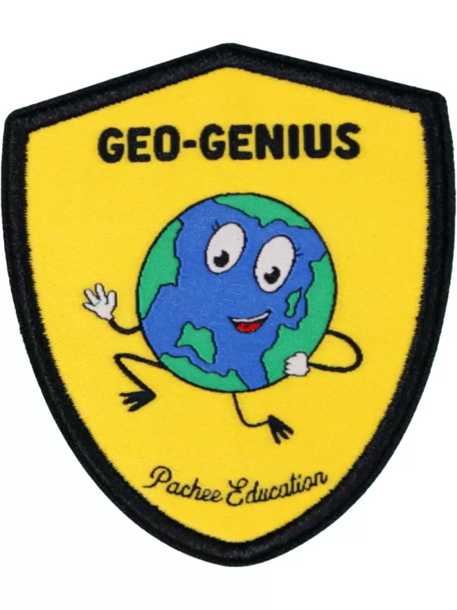 A yellow patch in the shape of a badge. In the centre is the earth smiling with 'Geo-Genius' written above.