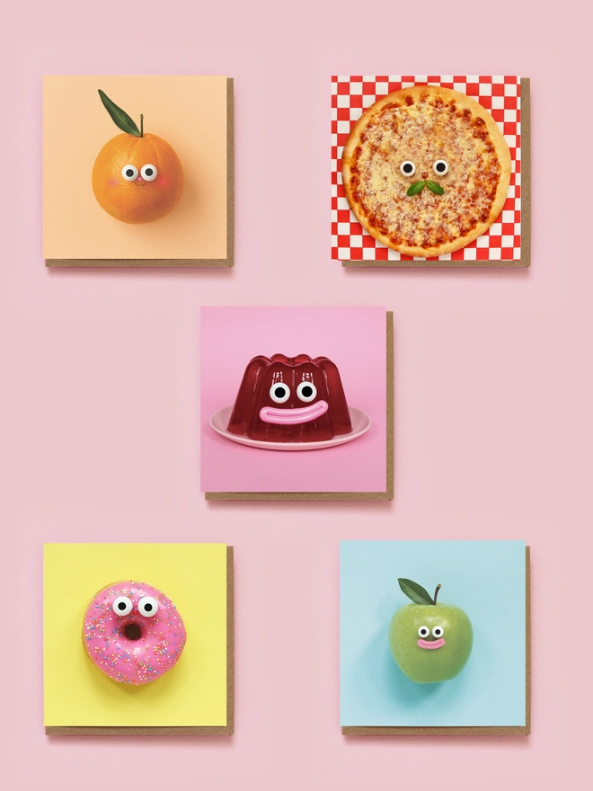 A selection of 5 cards. A doughnut, apple, pizza, orange and a jelly 