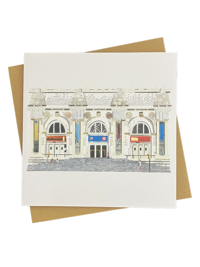 Greetings Card depicting a paper collage of The Met Museum in NYC on a white background 