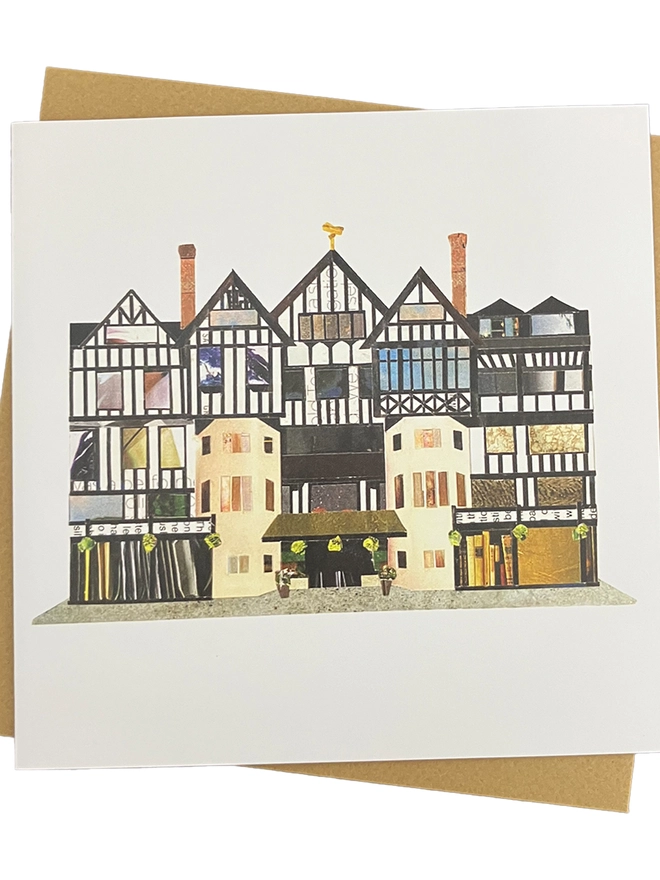 Greetings Card with a collaged illustration of Liberty London with an envelope on a white background. 