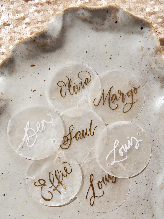 Capiz shell calligraphy place card