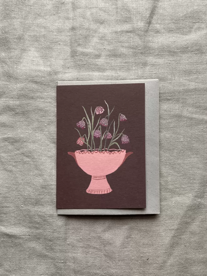 fritillaria or snakes head flower greetings card