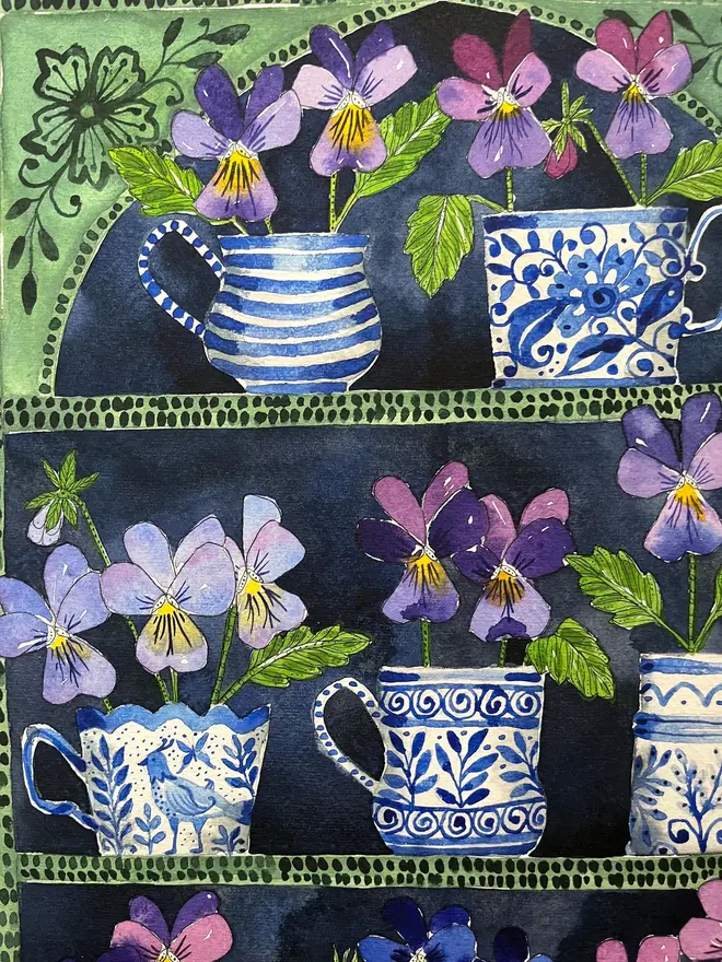 violas in delftware, ceramic cups & mugs print