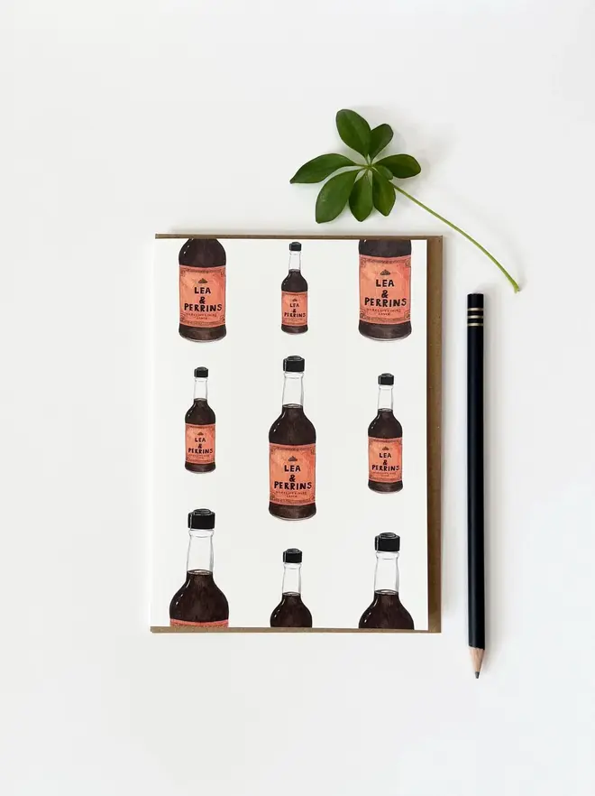 worcestershire sauce bottles illustrated card. card photographed on plain white backdrop.
