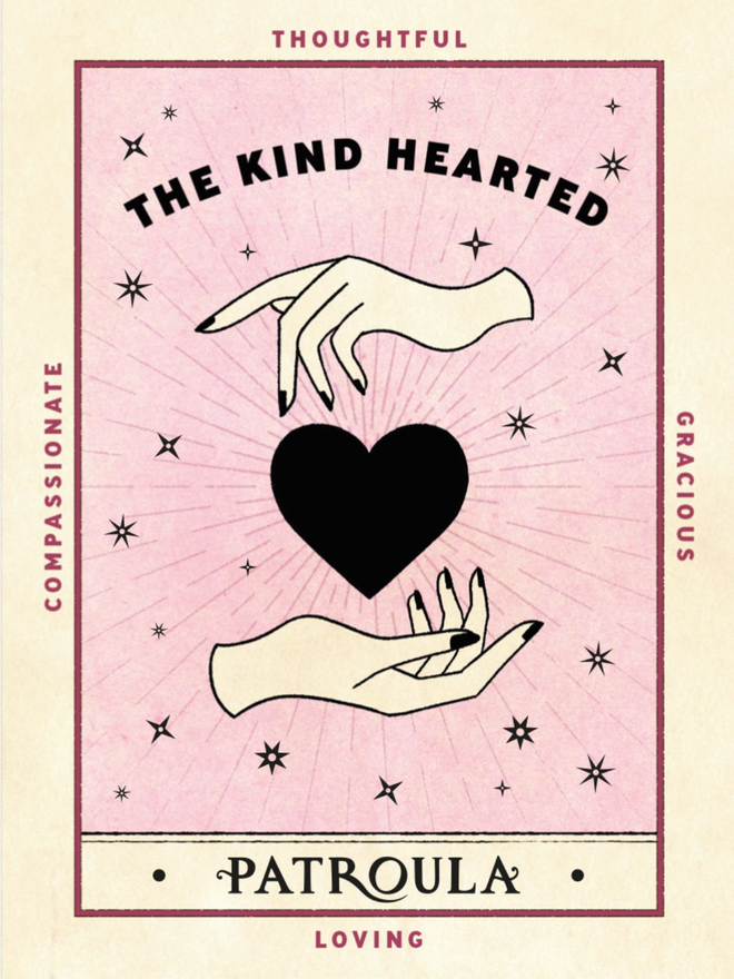 Pink and black illustration of two hands holding a heart with a starry background