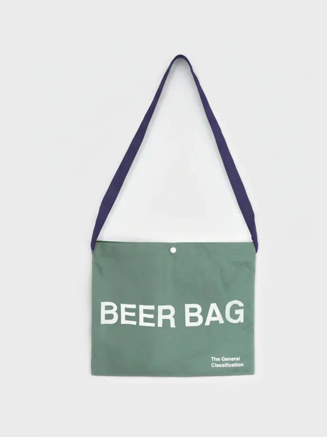 'Beer Bag' Musette Bag, against a grey background. 