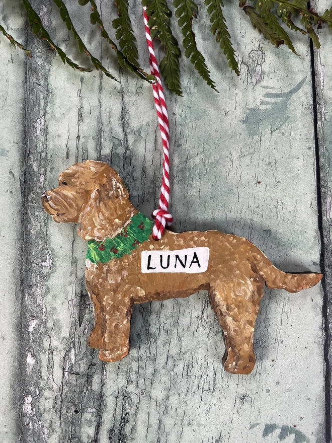 Red Cockapoo Christ decoration personalised with the name Luna