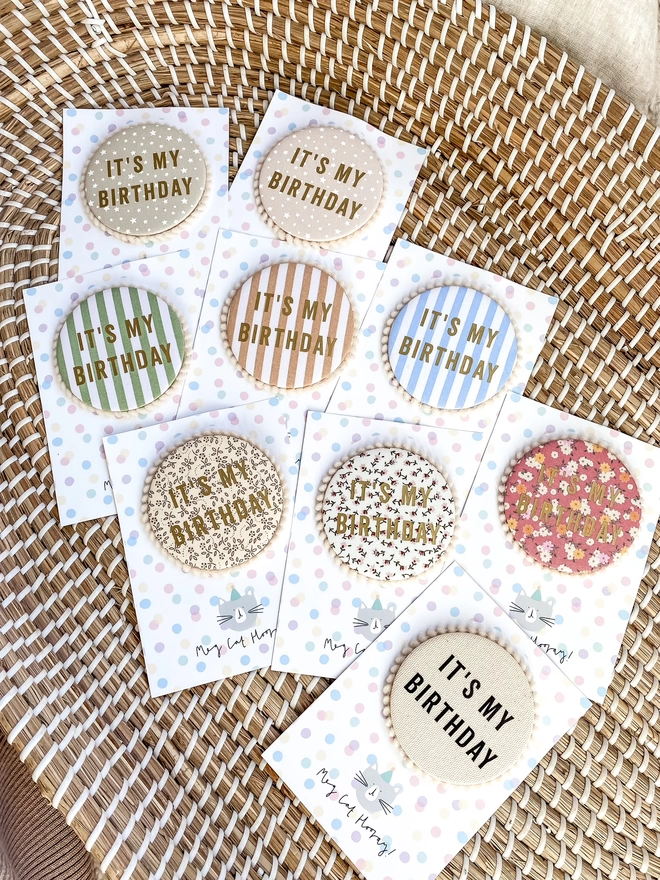 Patterned Fabric and Natural Canvas It's My Birthday Badges