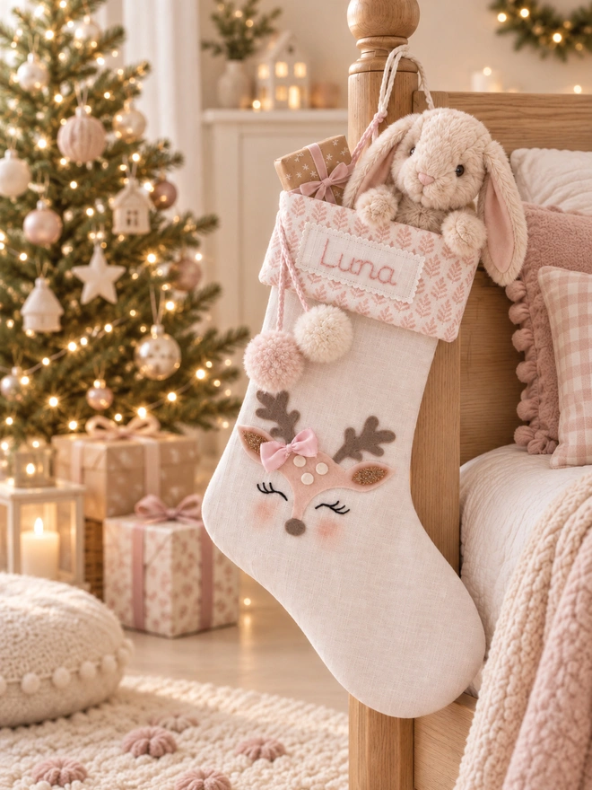 Personalised baby reindeer Christmas stocking hanging on a wooden bed in a soft pink nursery with a bunny toy and Christmas tree.