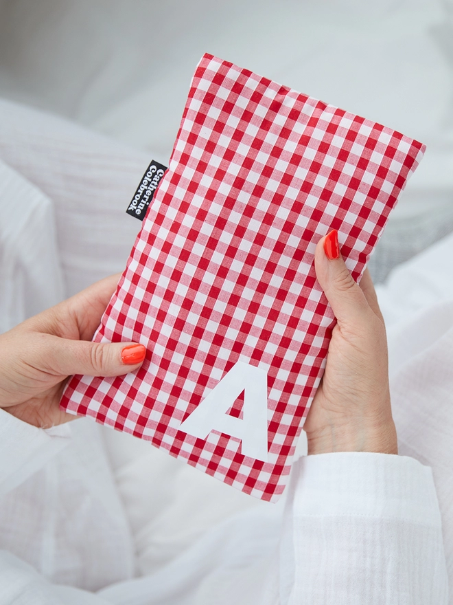 Red gingham cute hot water bottle with white initial
