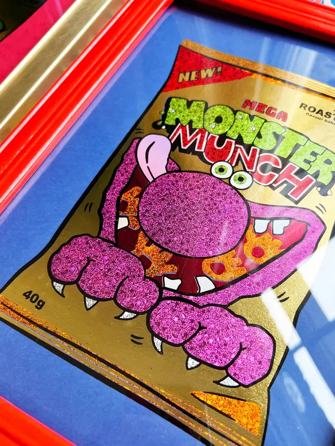 Monster Munch Roast Beef Print, a colourful monster munch print sitting on a decorated backdrop. 