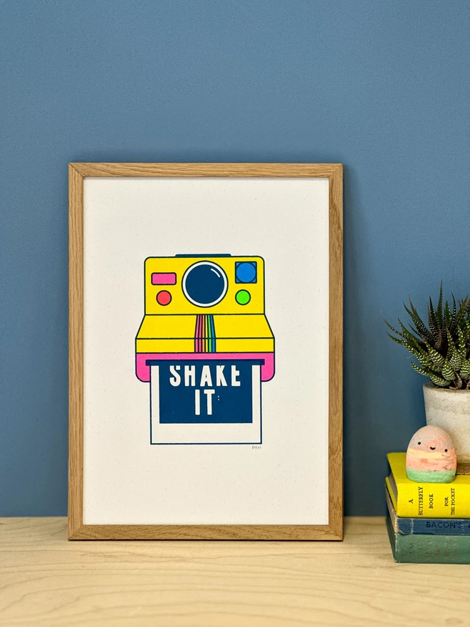 Photo of a framed print featuring a polaroid camera