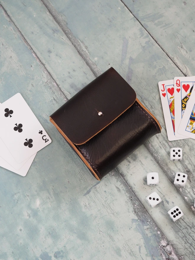 Personalised Leather Playing Card and Dice Holder. Hand dyed dark brown leather case, carrying two decks of playing cards and 6 dice.