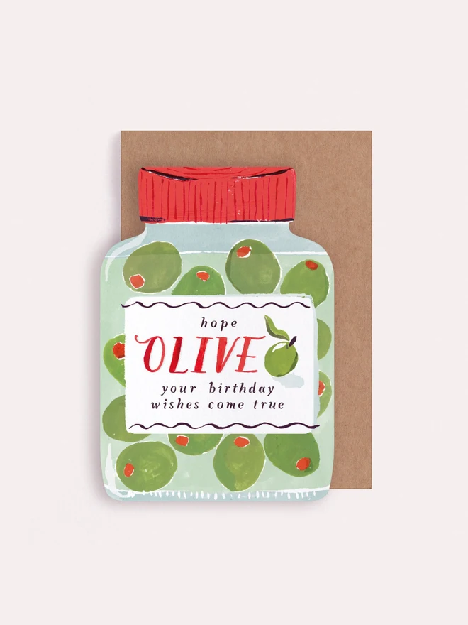 Olives Birthday Card shown with its kraft envelope