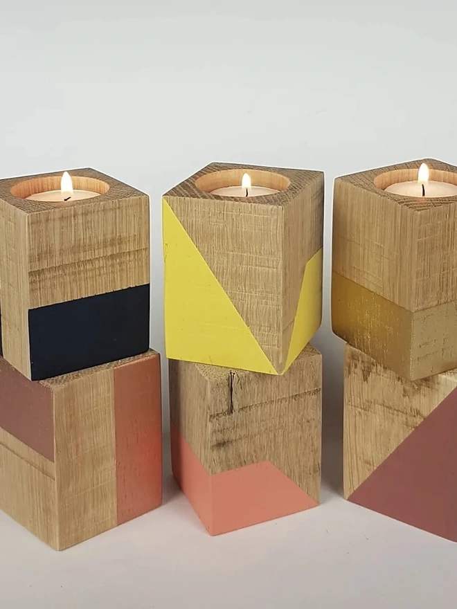 Tall Geometric Design Wooden Cube Candle