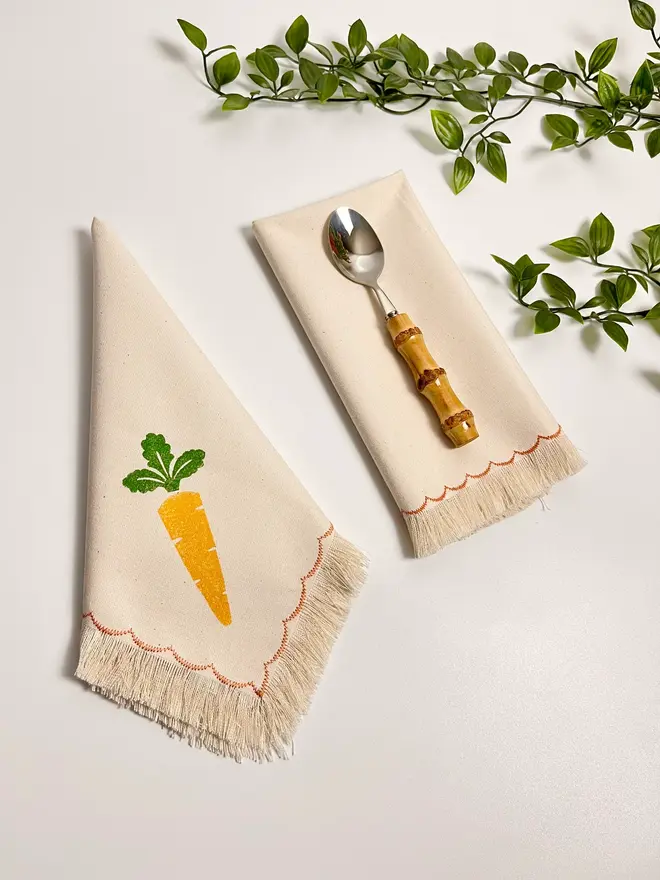Block Printed Fringe Napkins Carrot (Set Of 2)
