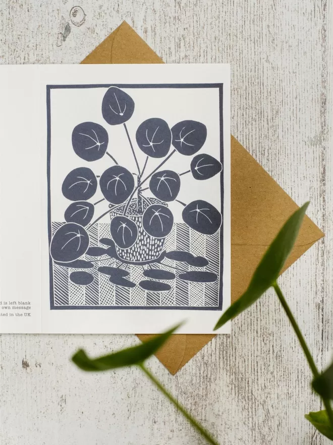 Greeting Card with an image of a Chinese Money Plant, taken from an original lino print