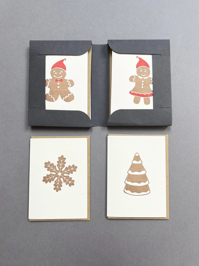 Open gift box of gingerbread card for little notes allowing you to see three of the four designs in one box