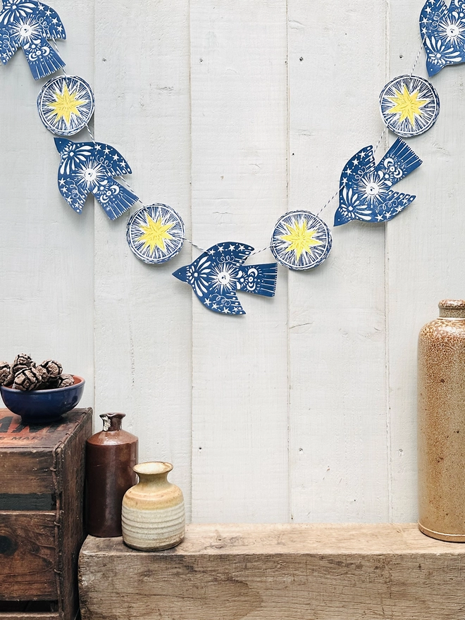 'Twinkle & Flight' Festive Nordic Folk Birds Linocut Garland
