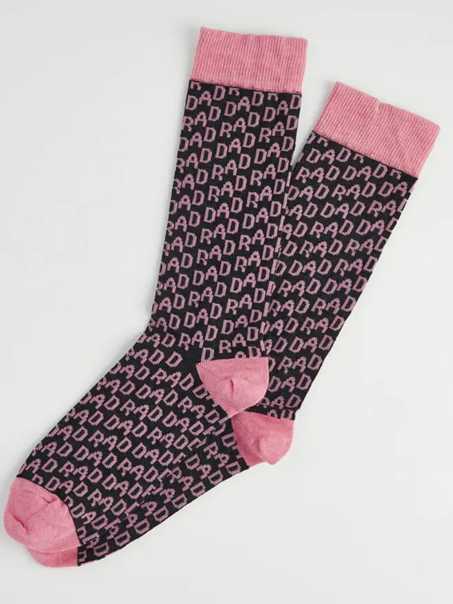 Charcoal Rad Dad socks with rad dad written in pink 