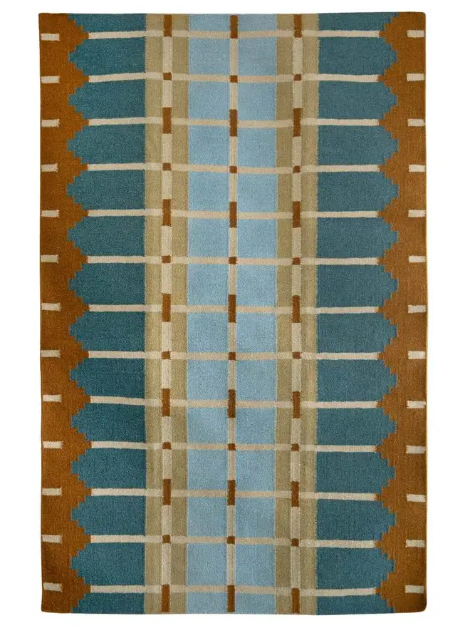 Corbie Flatweave Rug, a colourful rug sitting on a white plain surface. 