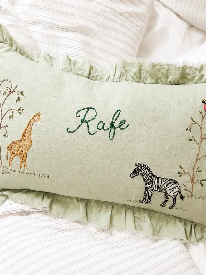 Boys room - safari hand embroidered cushion zebra giraffe parrot blossom and bramble embroidery handmade baby gift