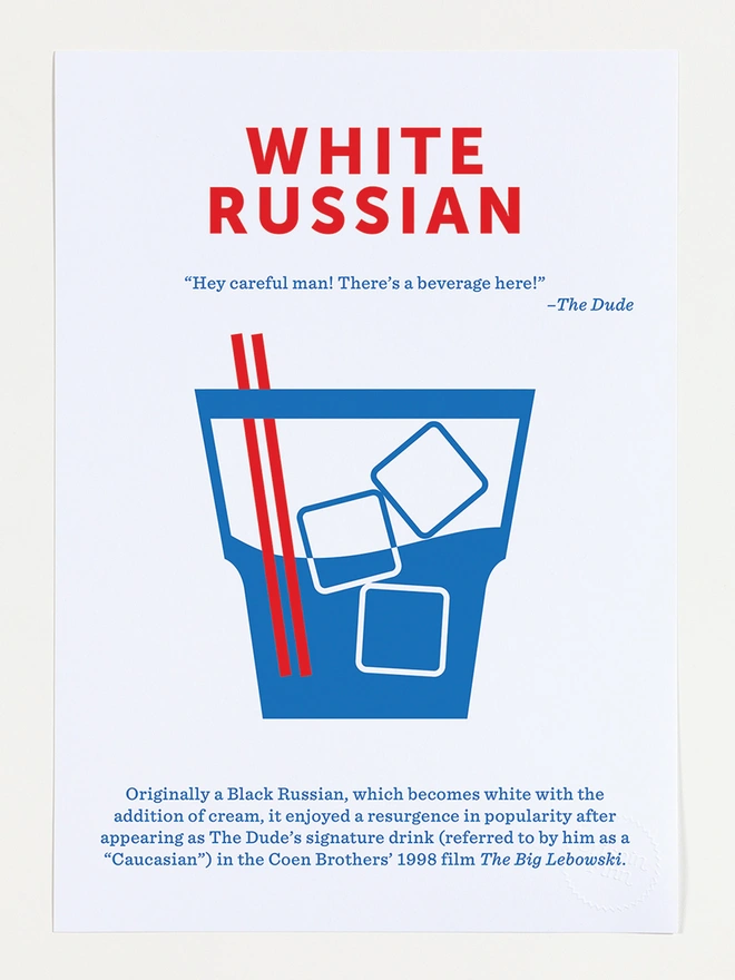 white russian screen print in blue and red