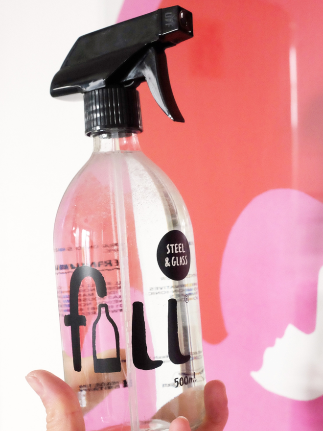 Steel and Glass Cleaner. A bottle of steel and glass cleaner.