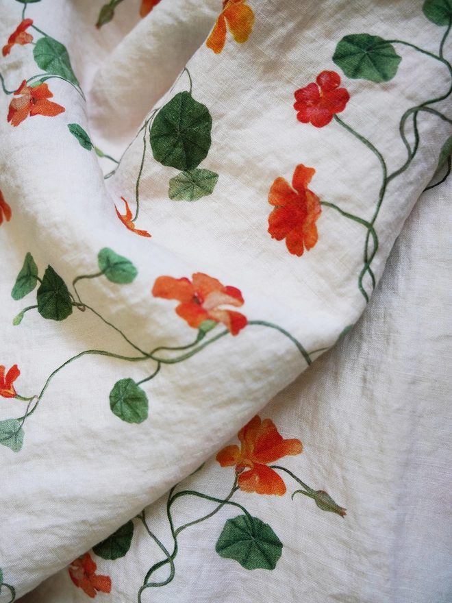 linen fabric printed with nasturtiums