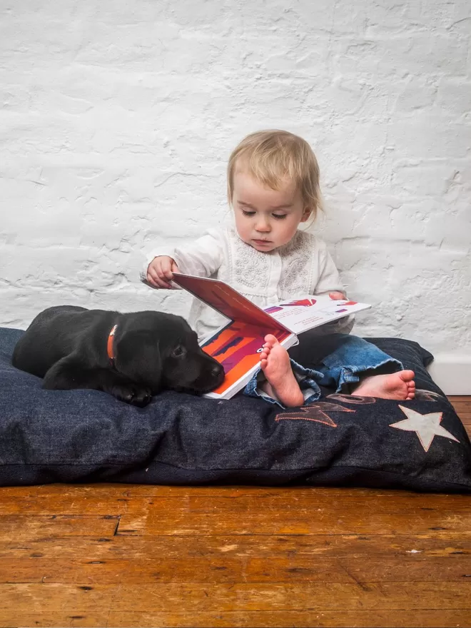 Woof Dog Bed in grey on denim with orange stitching and a labrador puppy and baby